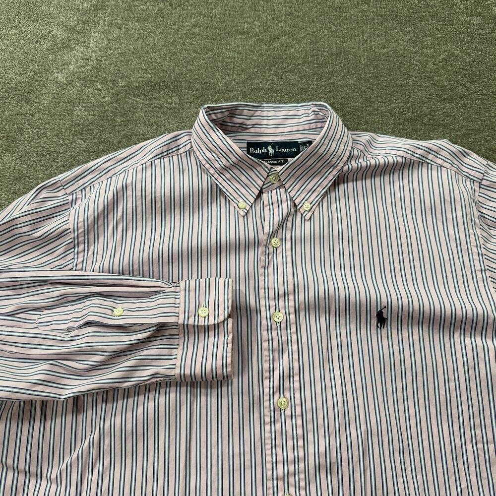 Ralph Lauren Mens L 17 34/35 Classic Fit Pink Blue‎ Striped Button Down Oxford